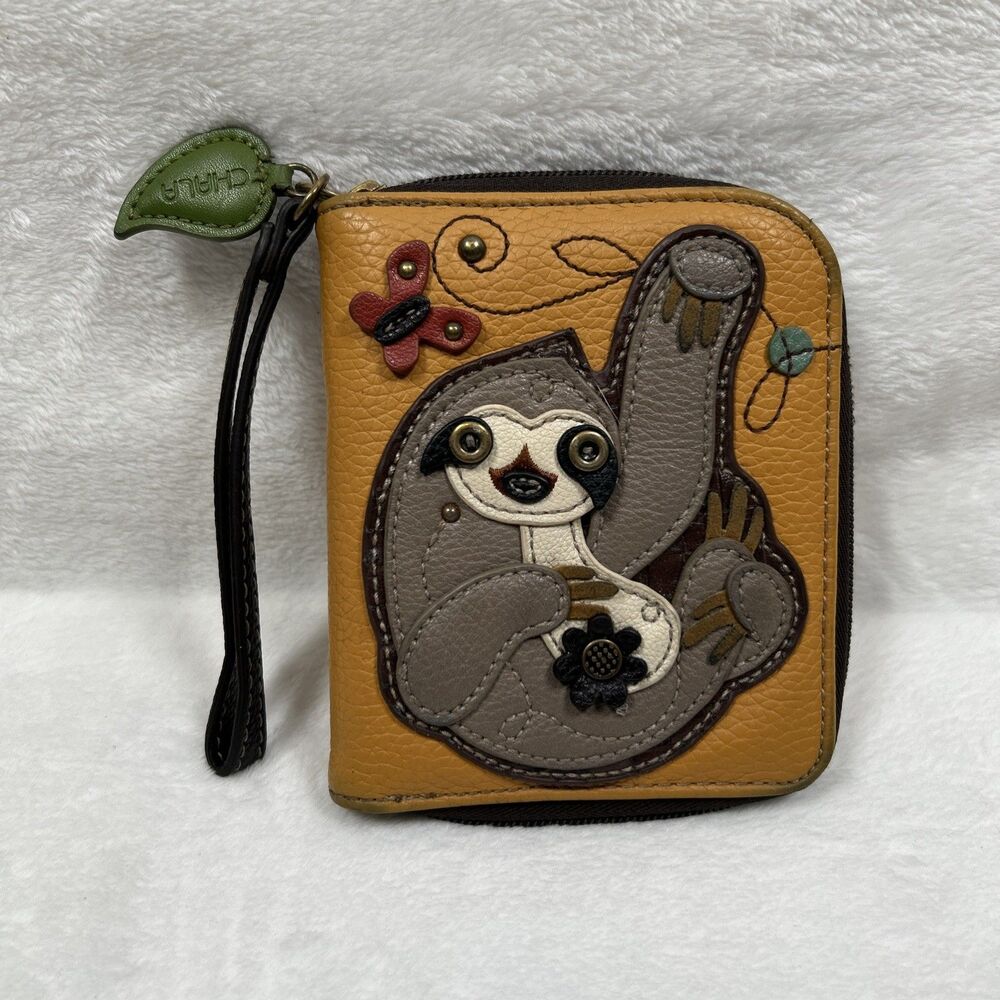 Chala Yellow Leather Zip-Around Wristlet with Sloth Applique